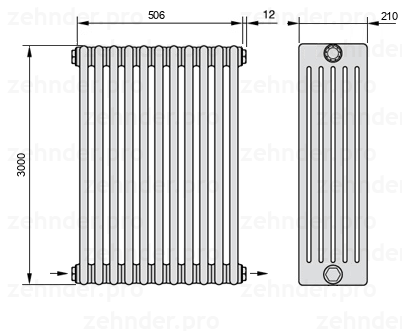 Схема (чертеж) Радиатор Zehnder Charleston 6300/11 №2670 Белый глянцевый RAL 9016